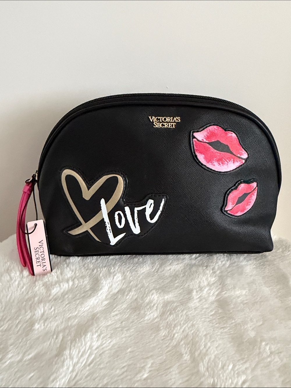 Victoria's Secret Black Cosmetic Bag with Pink Kiss & Gold Heart Appliques